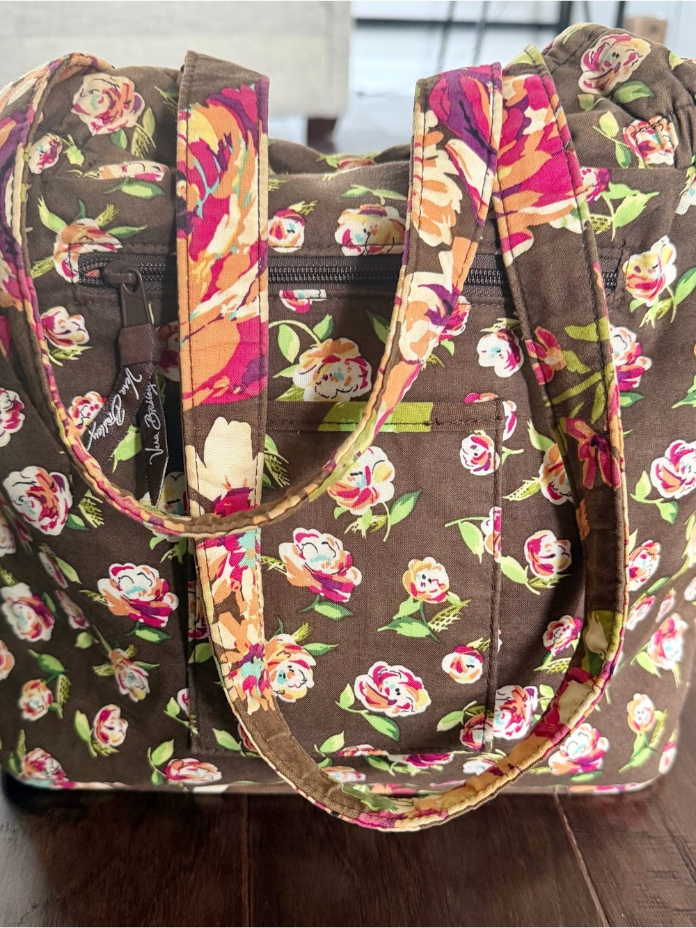 Vera Bradley Brown Quilted Floral Tote with Pink and Orange Accents